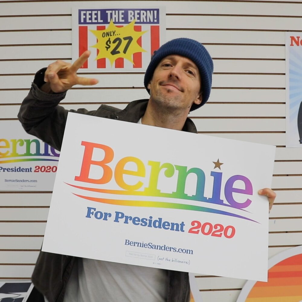 Jason with a Bernie Sanders sign